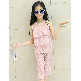 Girl's Blue / Pink Clothing Set,Floral / Lace Cotton Summer  